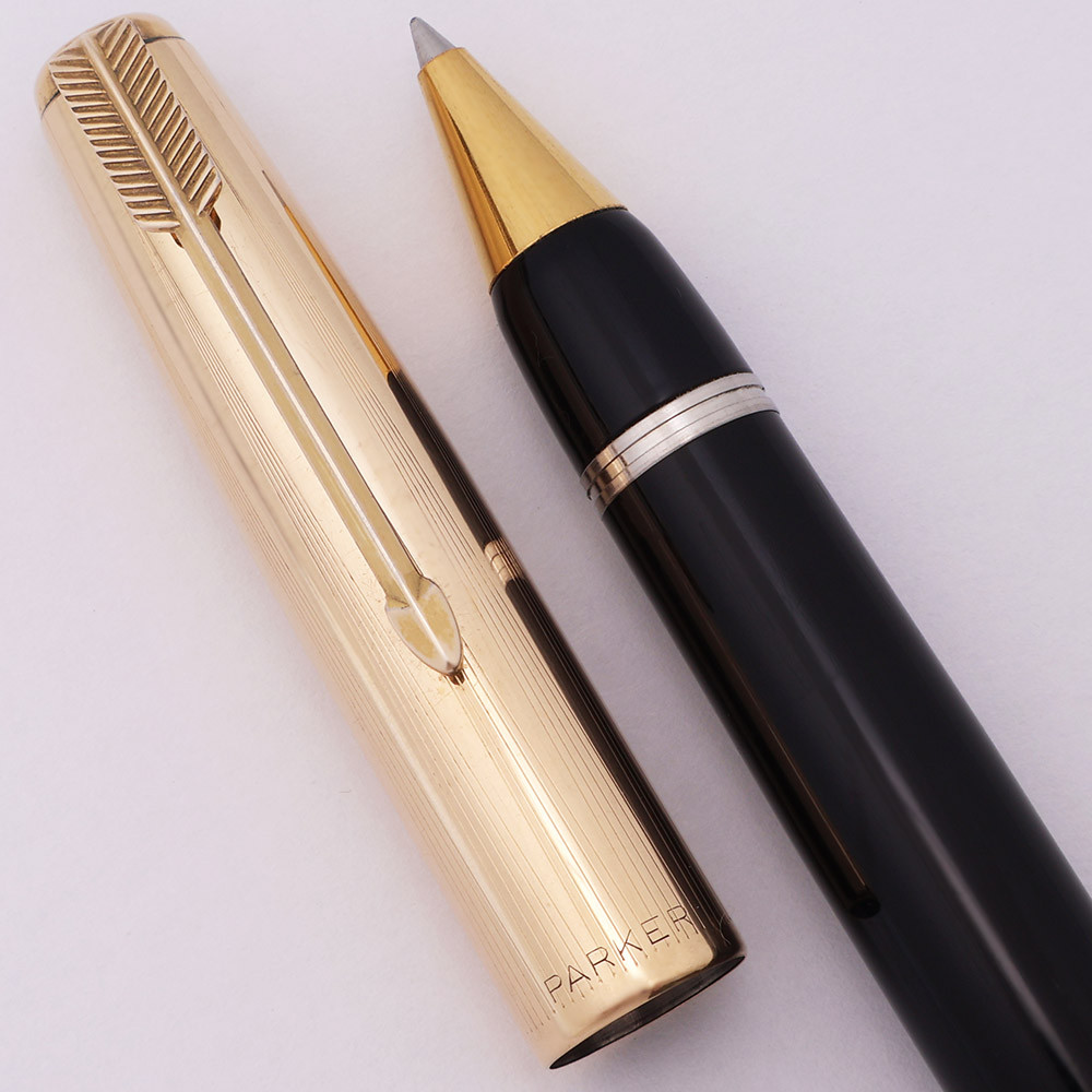 Parker 51 Rollerball Pen (1990s?) - Black, GF Converging Lines Cap (Excellent, Works Well)