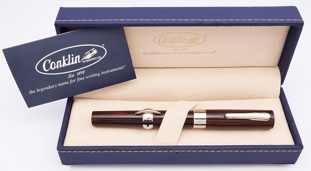 Conklin Mark Twain LE Crescent Fountain Pen (2010s) - Red Woodgrain Ebonite w Sterling Trim, Crescent Filler, Extra-Fine 14k Nib (Excellent + in Box, Works Well)