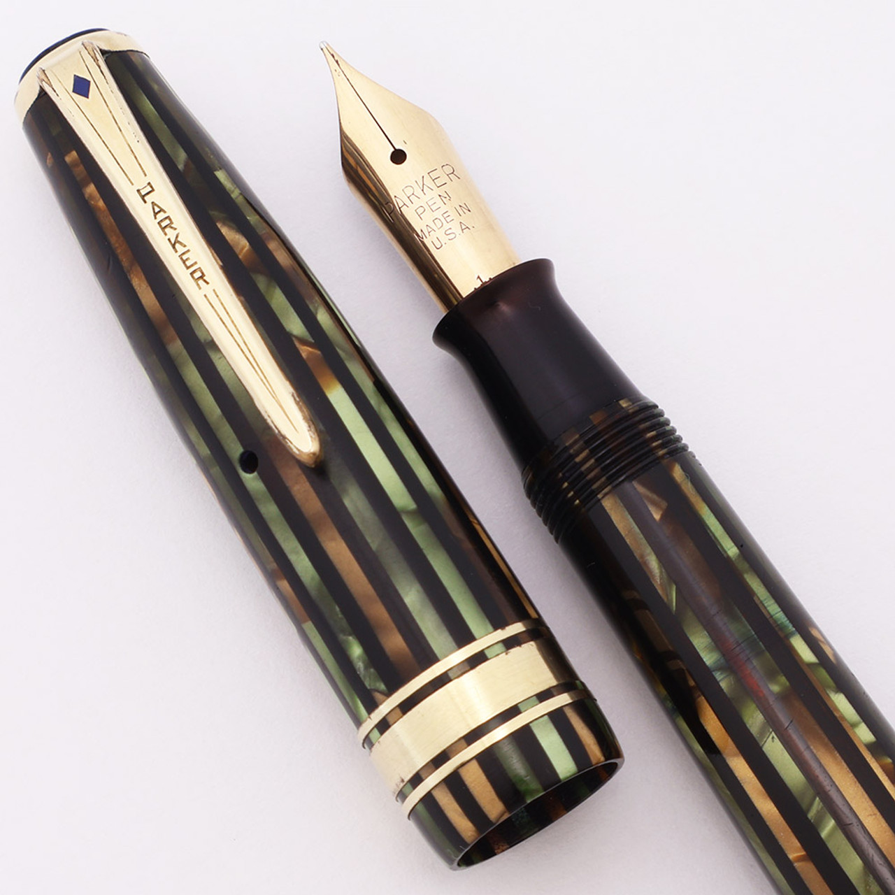 Parker Duovac Senior Fountain Pen (1941) - Vacumatic, Green Stripe, Medium Gold Nib (Excellent, Restored)