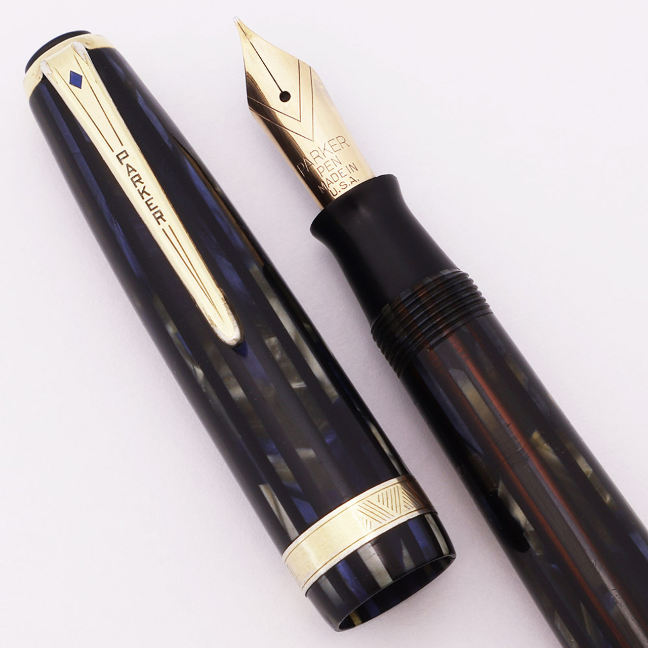 Parker Duovac Senior (1943) - Vacumatic Filler, Blue Stripe, Fine V Nib (Excellent, Restored)