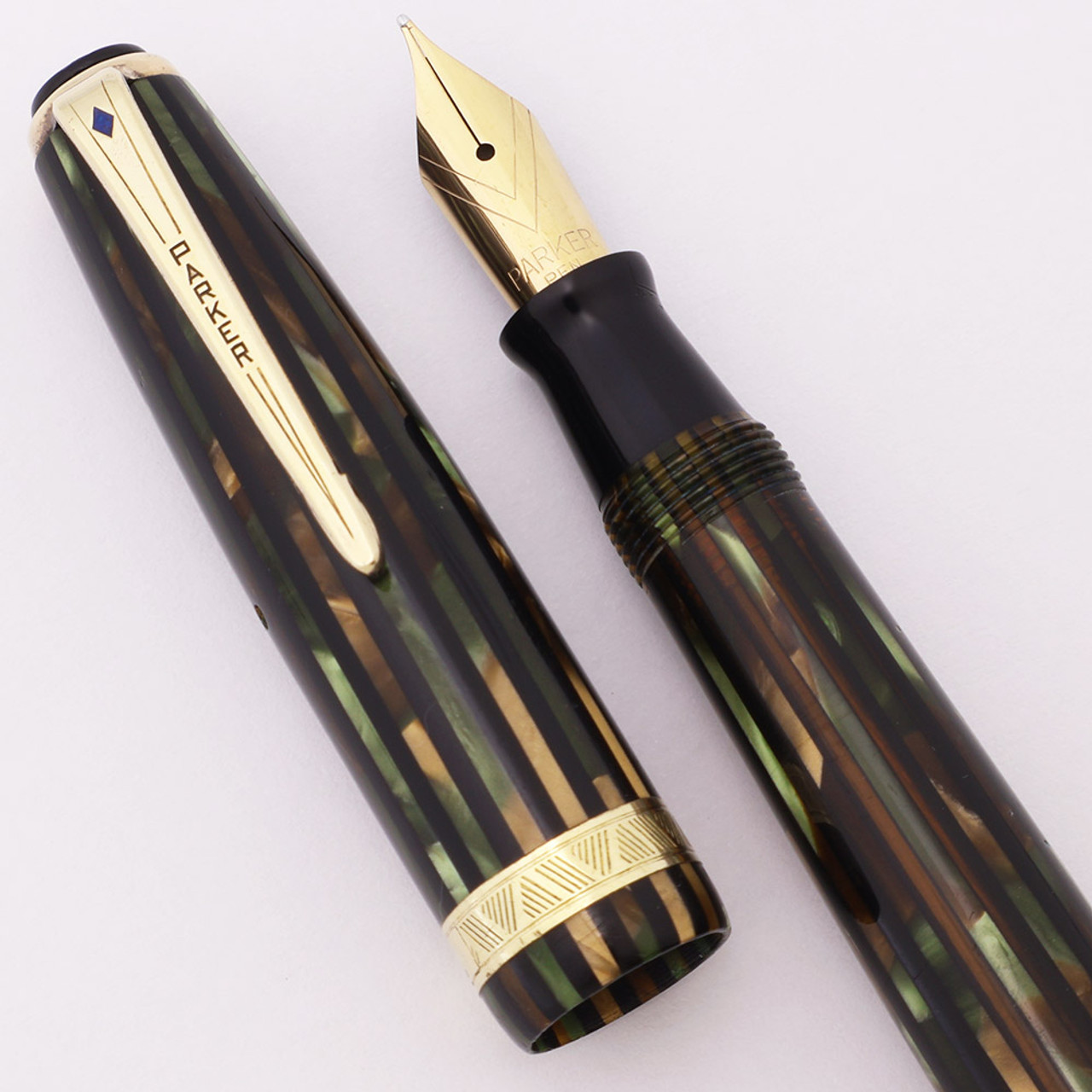 Parker Duovac Senior (1945) - Vacumatic Filler, Green Stripe, Medium V Nib (Excellent, Restored)
