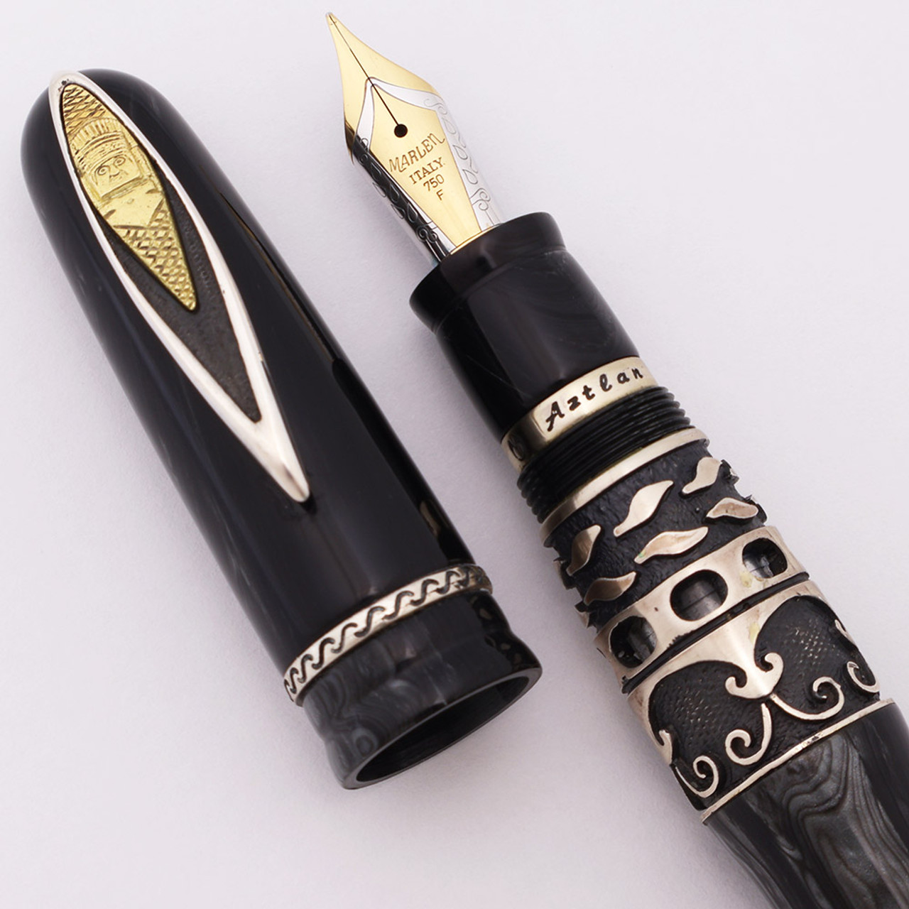 Marlen Aztlan LE Fountain Pen (1998) - Grey Pearlescent Celluloid w/ Sterling Silver Trim, Twist Button Filler, Fine 18k Nib (Excellent +, Works Well)