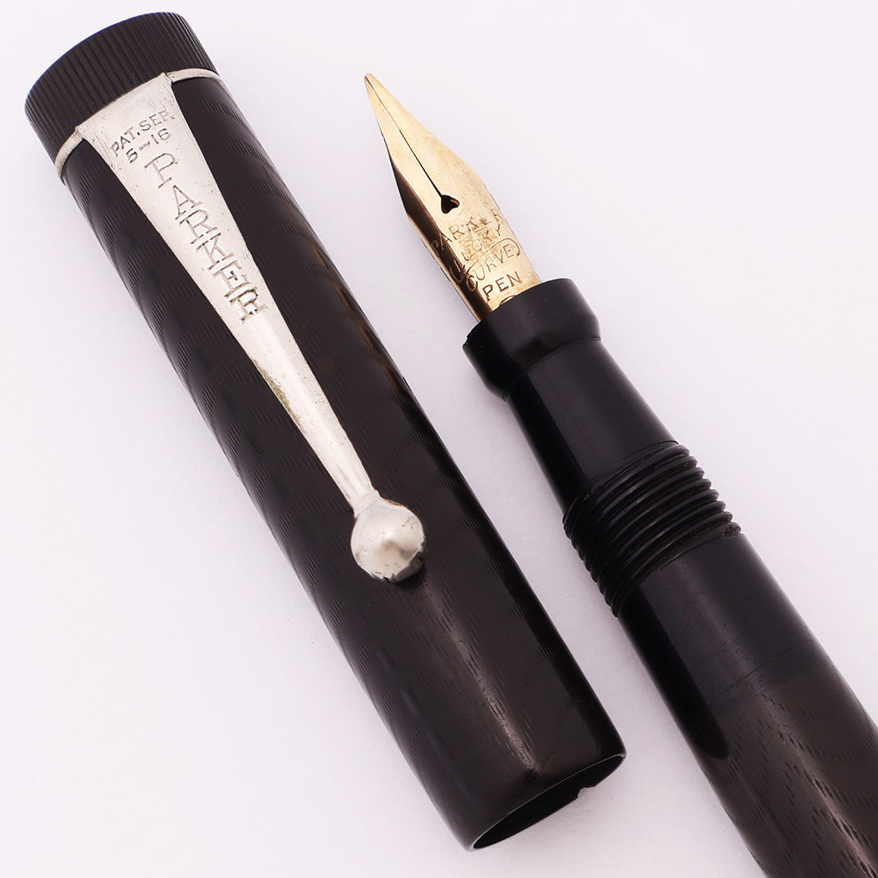 Parker Jack Knife Lucky Curve 23-1/2 Fountain Pen (1920s) - BCHR w Nickel Trim, Button Filler, Fine Lucky Curve #2 Flexible Nib (Excellent, Restored)
