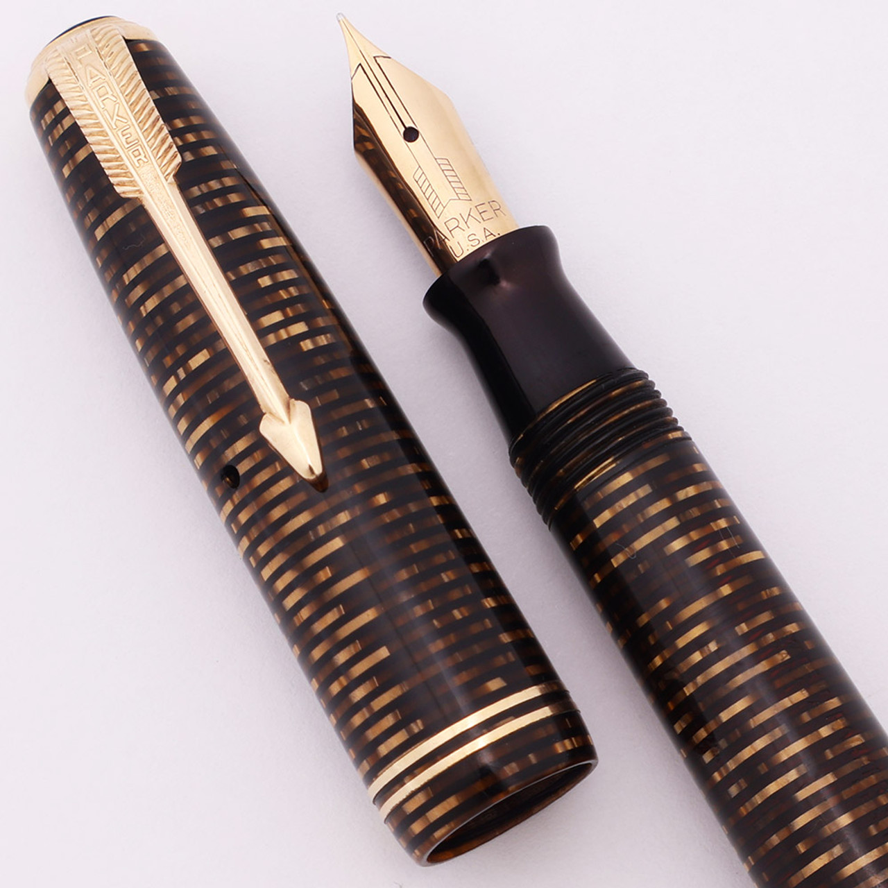 Parker Vacumatic Junior Fountain Pen (1942) - Brown Striated, Double Jewel, Fine Parker USA Nib (Excellent +, Restored)