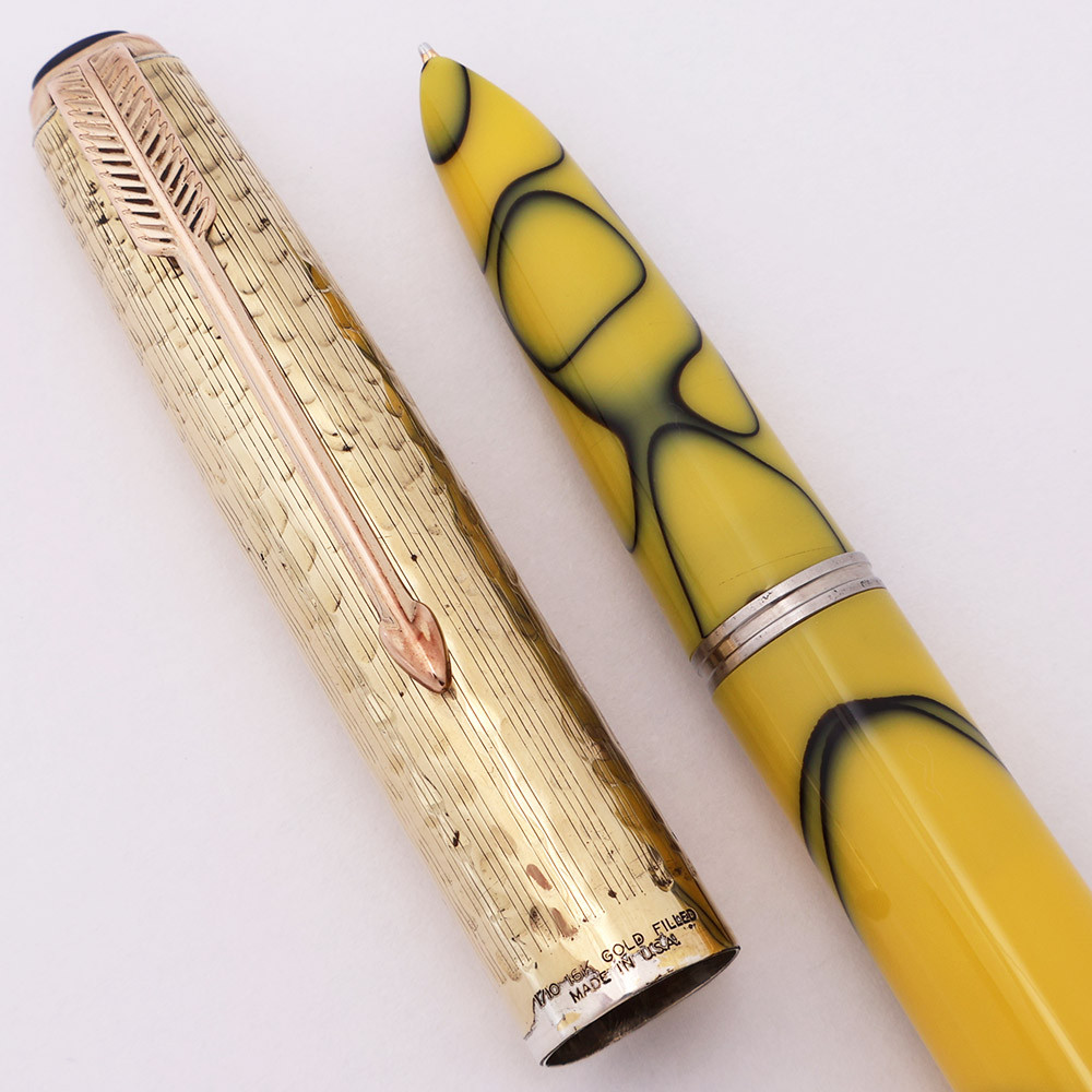 Parker Ariel Kullock "Fantasy 51" Aerometric - Yellow w Black Lines, Hammered "Martele" Gold Filled Cap, Medium Gold Nib (Excellent, Works Well)