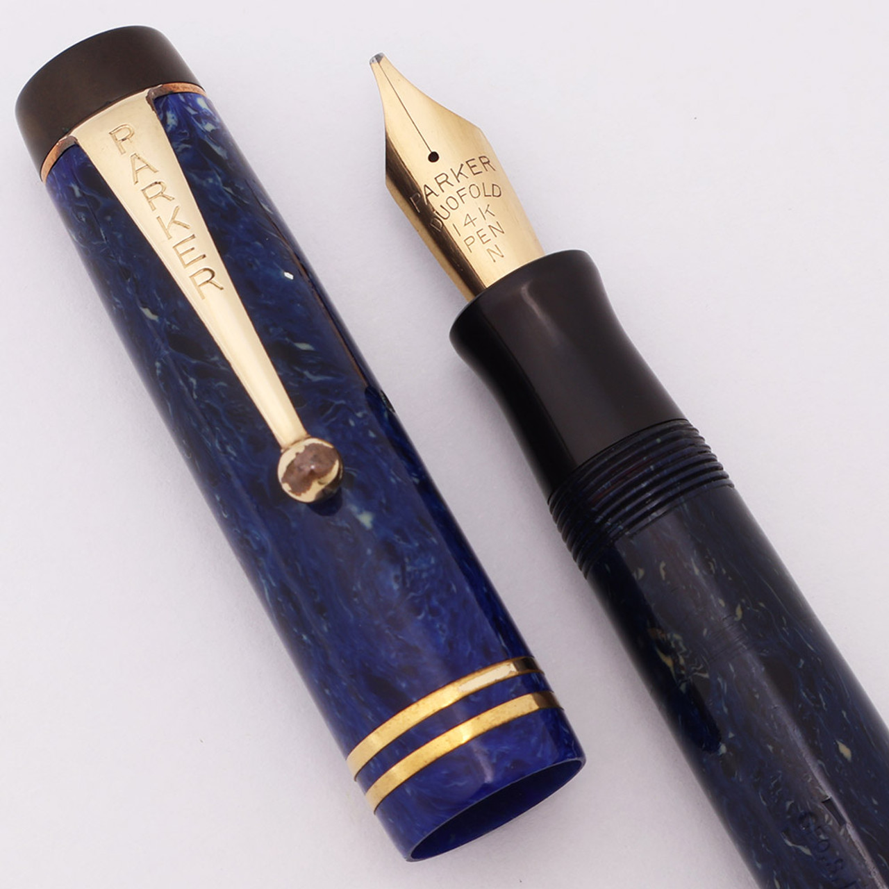 Parker Duofold Senior Fountain Pen  (1930s, Canada)  - Streamline, Blue Lapis, Button Filler,  Stub 14k Gold Nib  (Excellent, Restored)