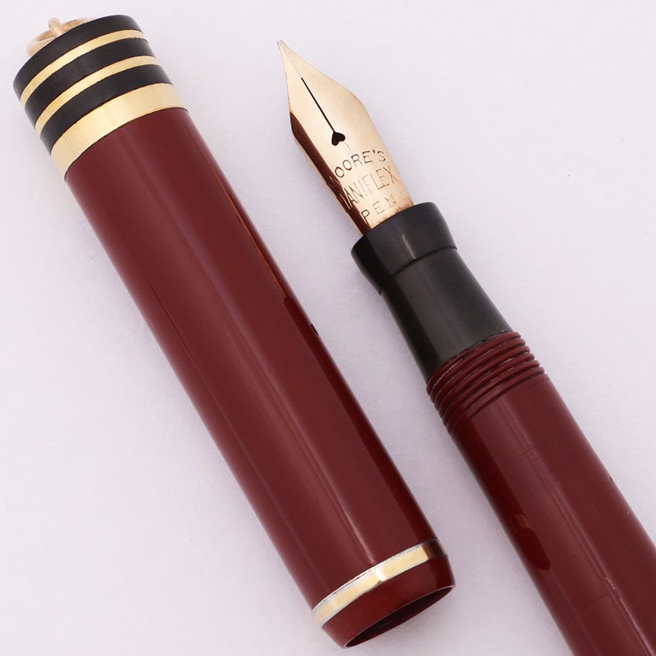 Moore L-72 Ringtop Fountain Pen (1920s) - Red w GT, Lever Filler, Fine Mani-Flex Gold Nib (Very Nice, Restored) Moore L-72 Ringtop Fountain Pen (1920s) - Red w GT, Lever Filler, Fine Mani-Flex Gold Nib (Very Nice, Restored)