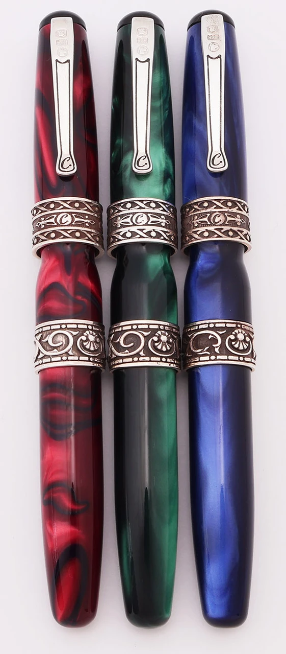 Curtis Australia Elegance Fountain Pen - "Scrolls" Style, Sterling Trim, Various Resins, Medium 14k Nib  (New Old Stock)