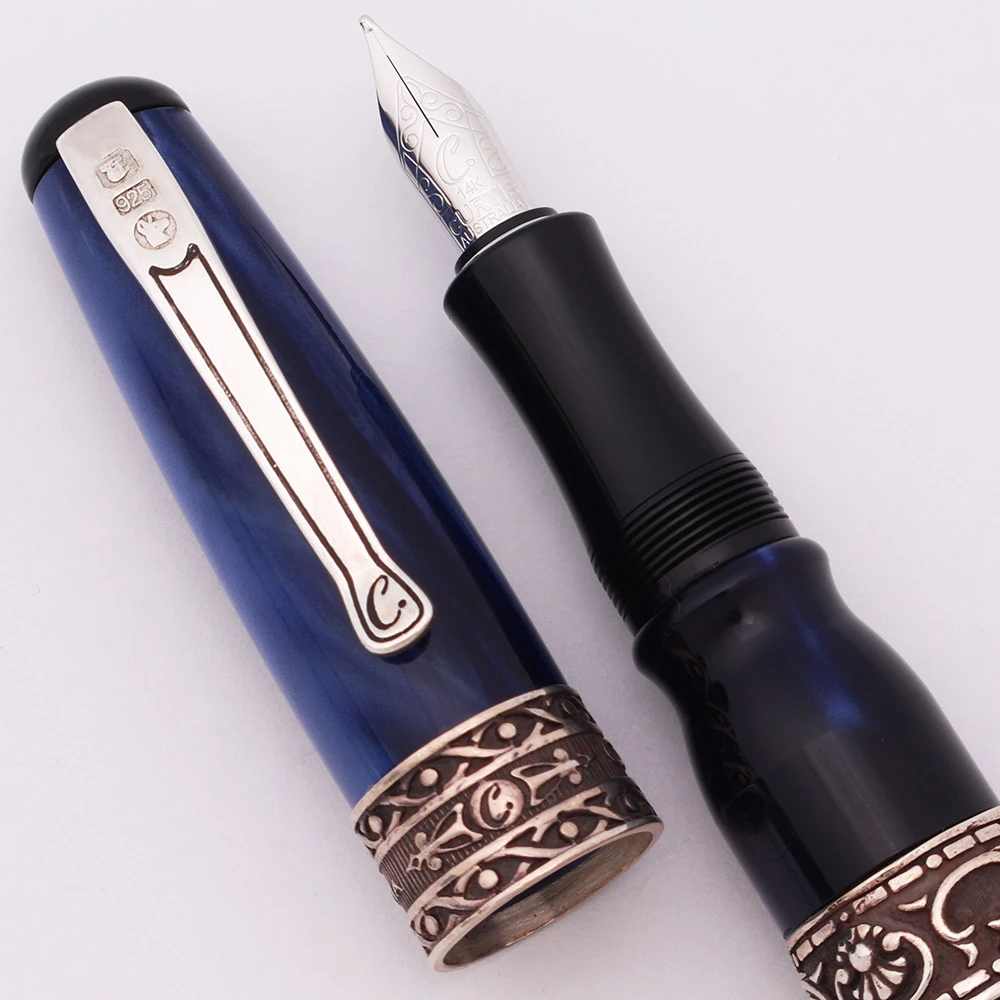 Curtis Australia Elegance Fountain Pen - "Scrolls" Style, Sterling Trim, Various Resins, Medium 14k Nib  (New Old Stock)