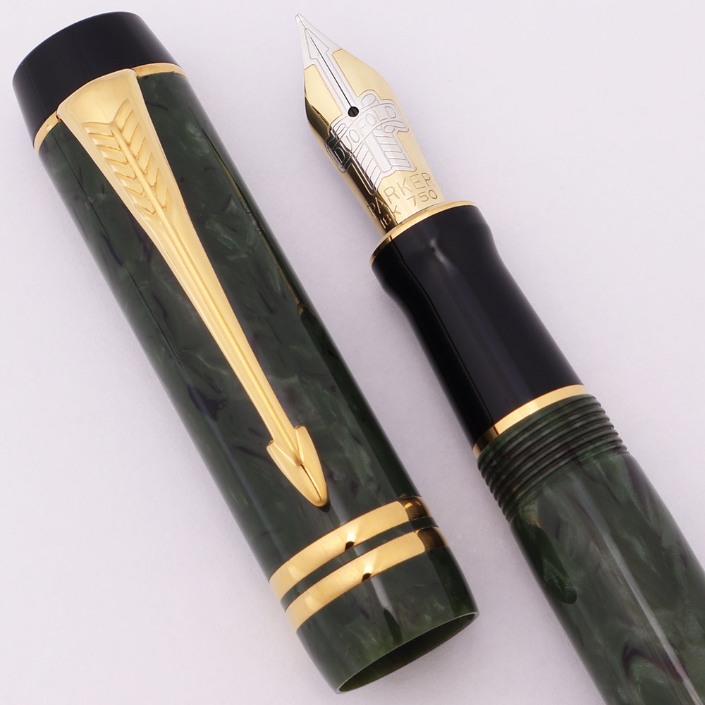 Parker Duofold Centennial  (1996) - Green Marble w/GT, C/C, Fine 18k "Banner" Style Nib (Near Mint, Works Well)