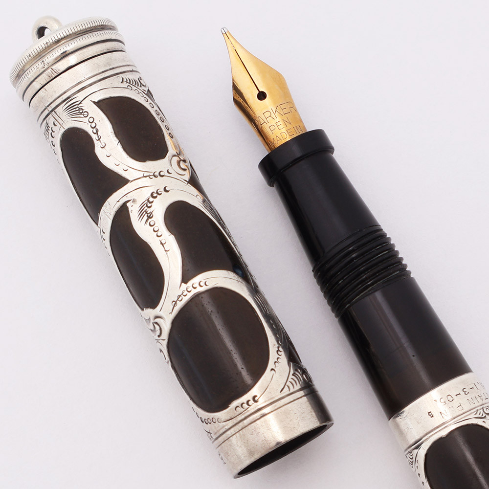 Parker Lucky Curve Fountain Pen - Sterling Filigree, Ring Top, Medium Semi-Flex Gold Nib (Excellent, Restored)