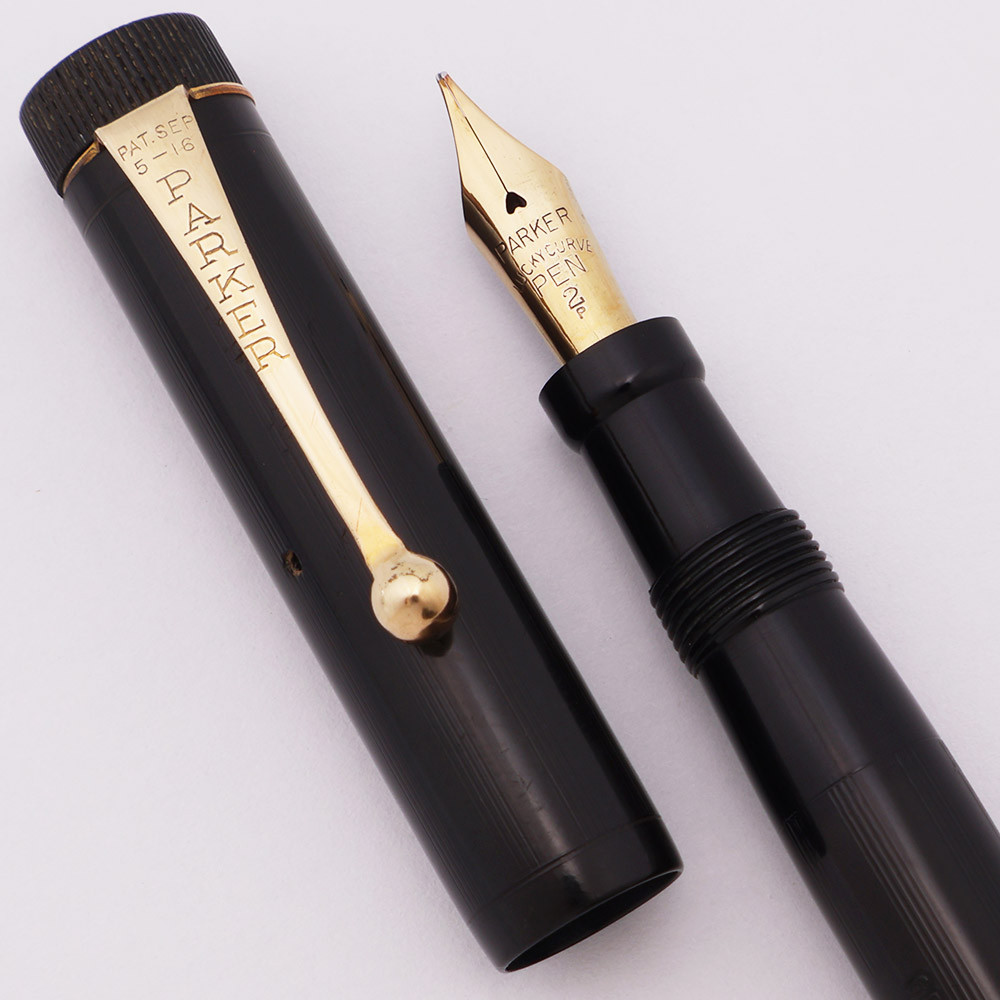 Parker Lucky Curve Fountain Pen - Full Size, Lined BCHR w Gold Clip, Fine Gold #2 Nib (Excellent, Restored)