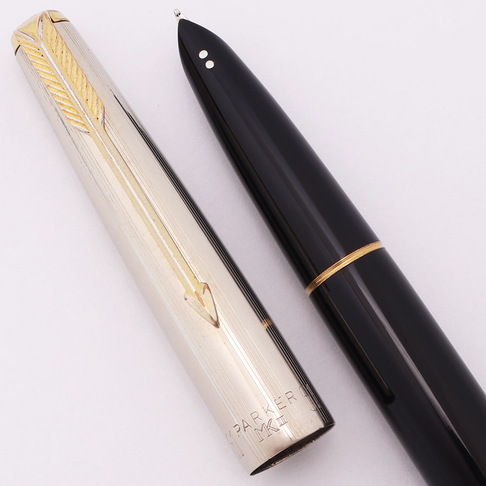 Parker 61 Mk II Aerometric Fountain Pen  (Argentina 1959-62) -  Black w Lined Steel Cap, Gold Trim, Medium Steel Nib (Excellent, Works Well)