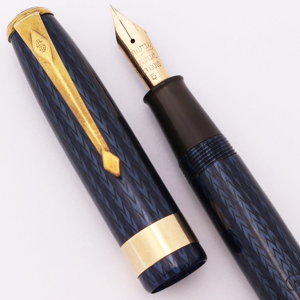 Conway Stewart 27 Fountain Pen (England, 1950s) - Blue Herringbone w GT, Lever Filler,  14k Fine #5 Nib (Excellent, Restored)