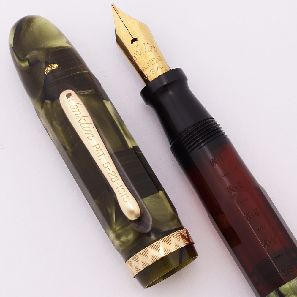 Conklin Nozac 5M Word Gauge Fountain Pen (1930s) -  Foliage Pearl Green Marbled w GT, Piston Filler, 14k Semi-Flex Extra-Fine (Excellent, Restored)