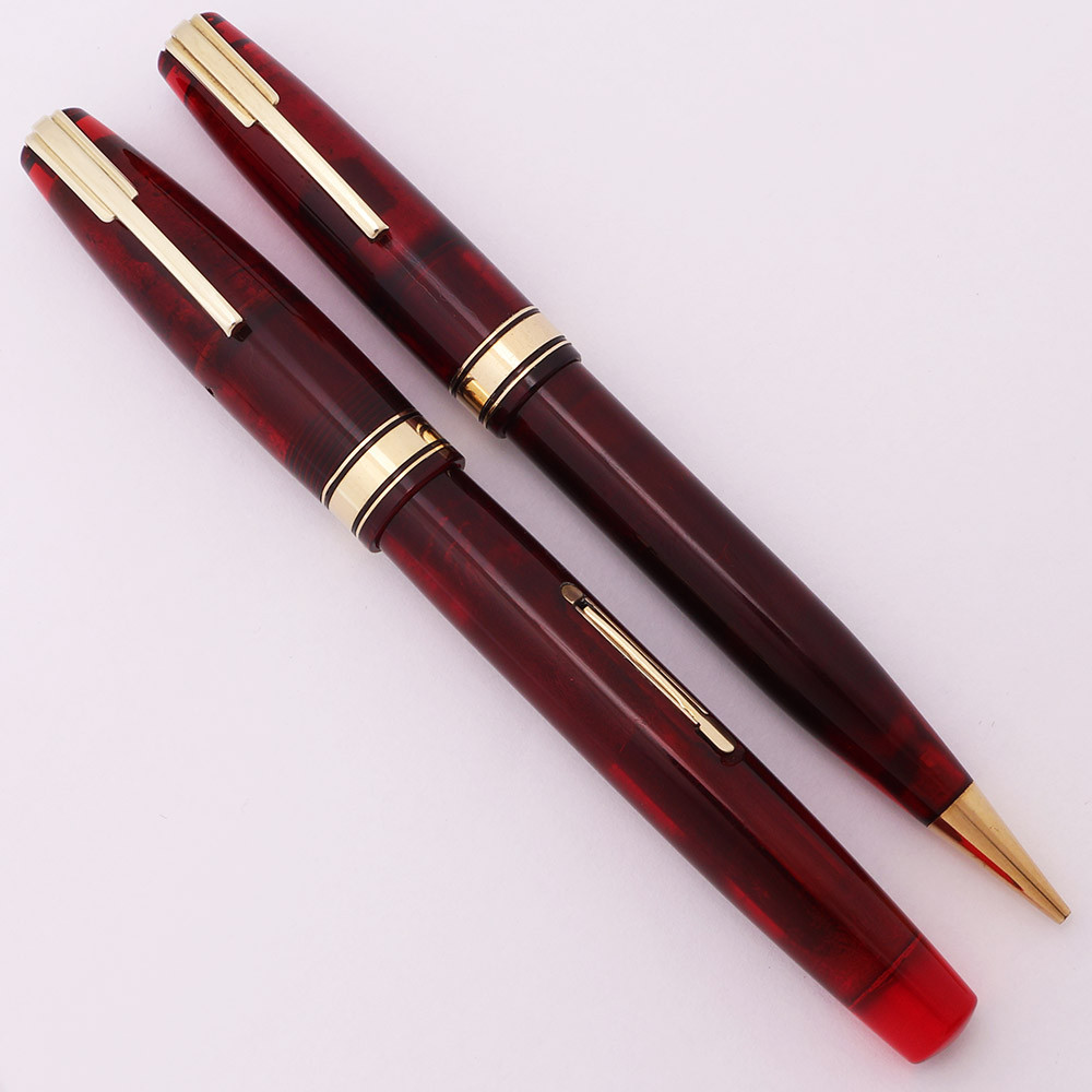 Waterman Hundred Year Pen Set "Lady" Size (1940s) - Smooth Red,  Lever Filler, Flexible Extra-Fine (Excellent +, Restored)