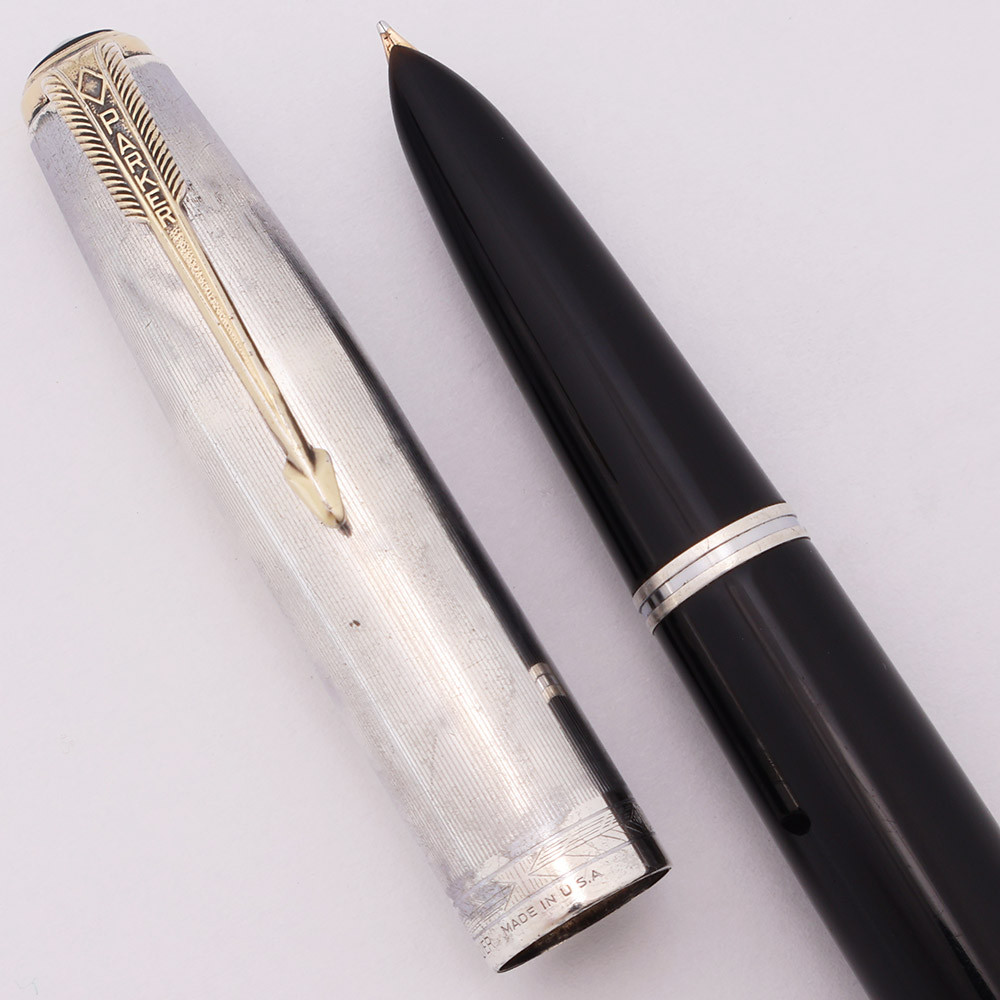 Parker 51 Vacumatic Fountain Pen (1948) - Black, Sterling Silver Lined Cap, Gold Clip, Medium Gold Nib (Excellent, Restored)
