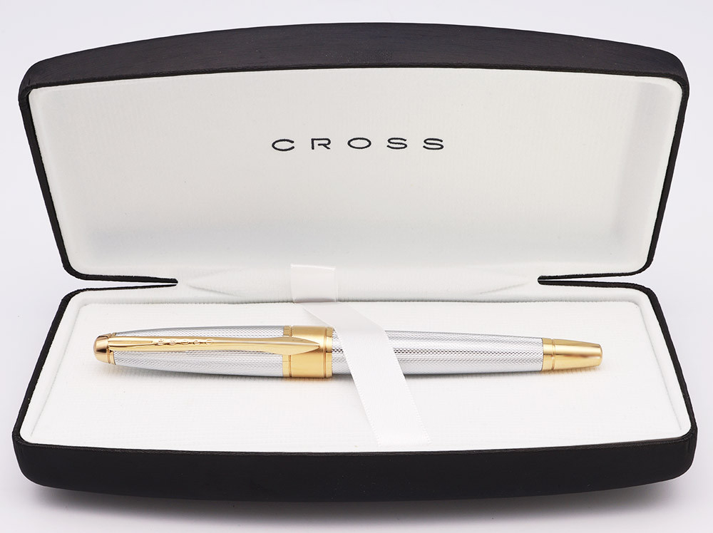 Cross Apogee Fountain Pen - "Medalist" Chrome Barleycorn w GT, C/C, 18k Medium Nib (Excellent + in Box, Works Well)