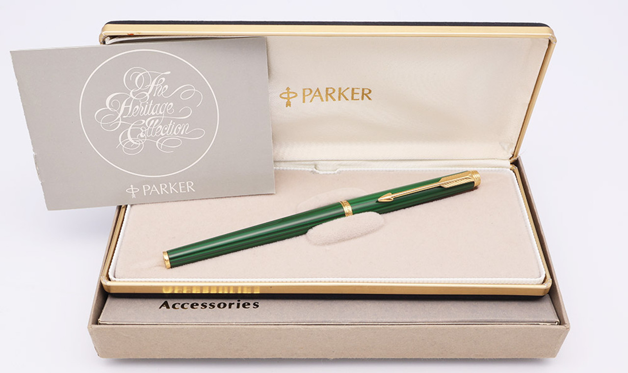 Parker 75 Rollerball Pen (1980, France) - Heritage Collection, Malachite Chinese Laque, Gold Trim (Excellent + In Box, Works Well)