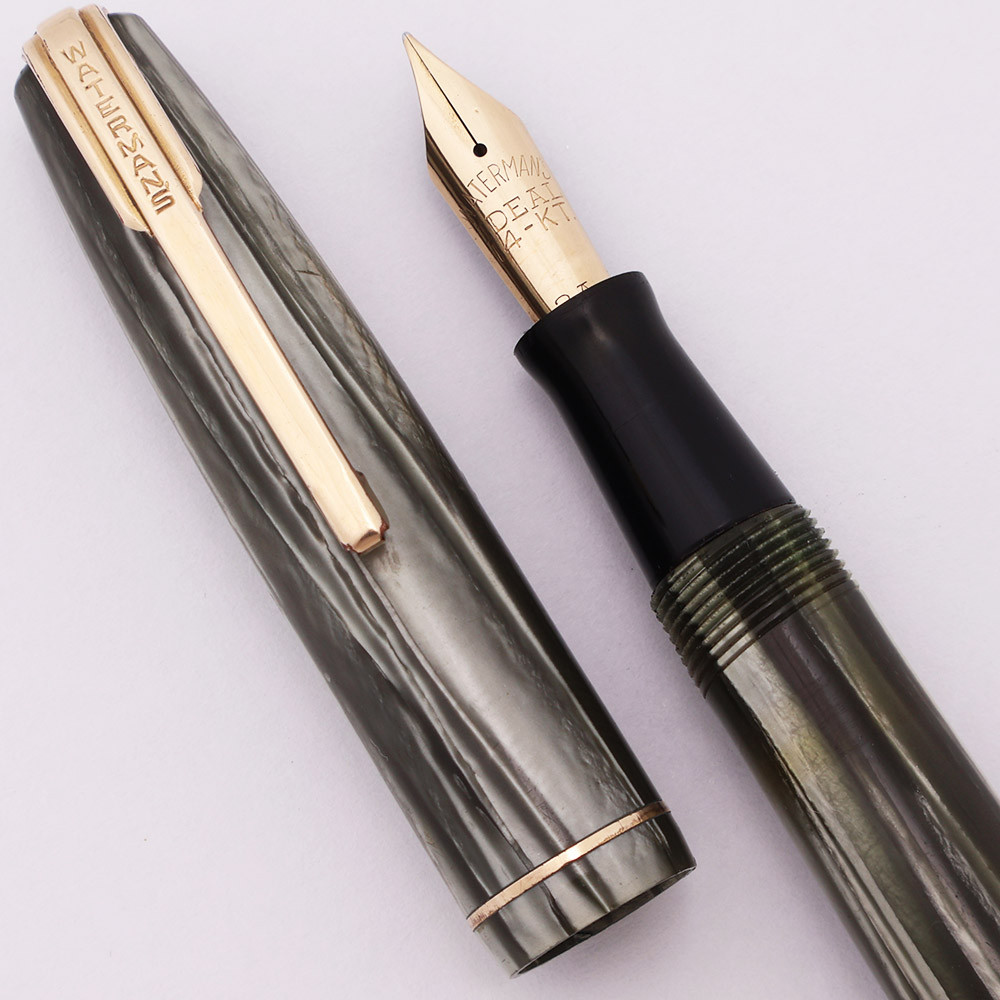 Waterman Stalwart Fountain Pen (1940s) - Grey Marble w GT, 14k Fine Semi-Flex Nib (Excellent, Restored)