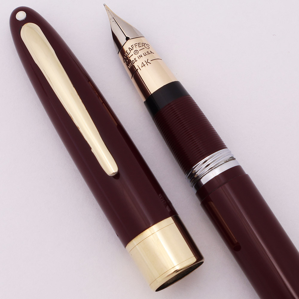 Sheaffer Valiant Snorkel (1950s) - Burgundy w Gold Trim, Extra-Fine 14k Triumph Nib (Excellent +,  Restored)