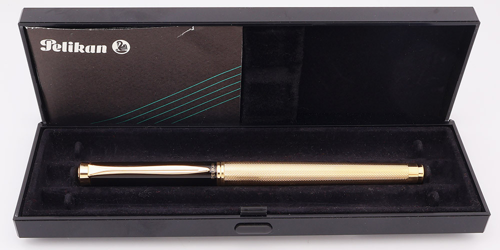 Pelikan New Classic P395 Rollerball Pen (1992-95) - Gold Plated Barleycorn Barrel, Black Lacquer Cap w Gold Trim  (Excellent + in Box, Works Well)