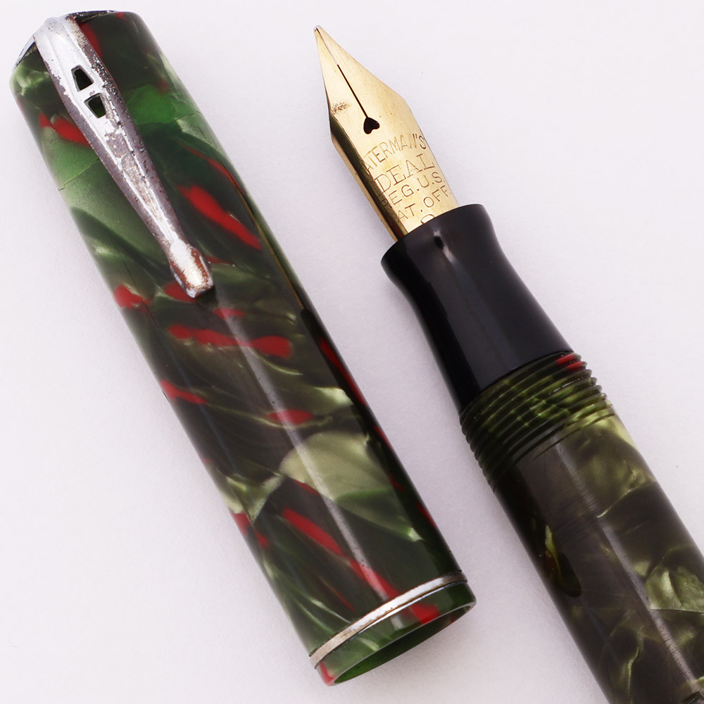 Waterman 3V Fountain Pen - Green w Red Flecks, Medium-Fine Flexible Nib (Very Nice, Restored)