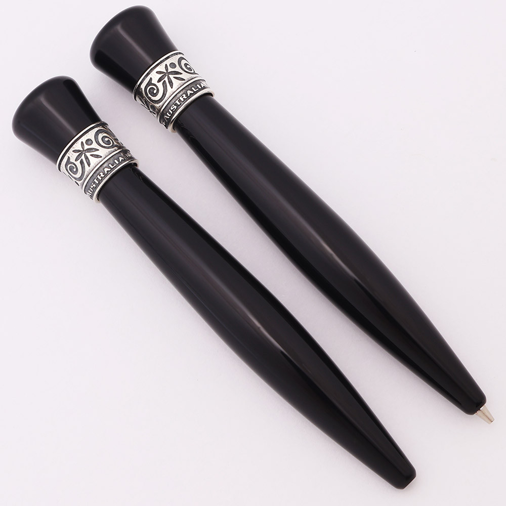 Curtis Australia Mini "Whimsy" Ballpoint & Pencil Set - Black Resin w Sterling Top Band (New, Works Well)