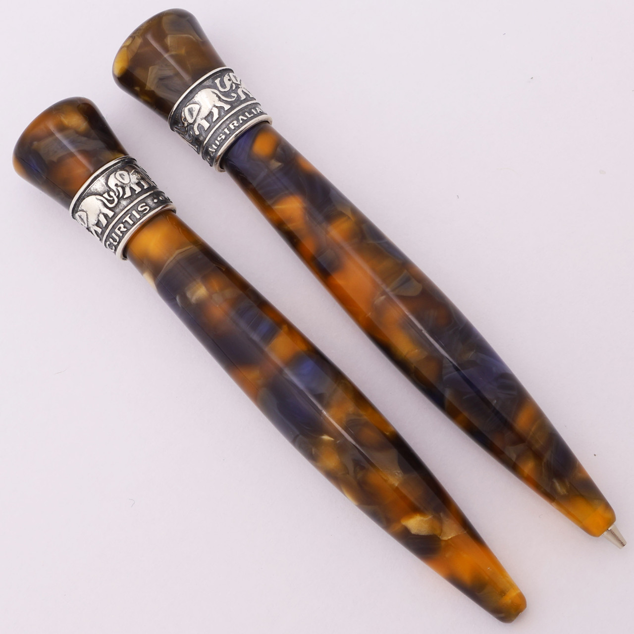 Curtis Australia Mini "Elephants" Ballpoint & Pencil Set - "Granite" Resin w Sterling Top Band (New, Works Well)