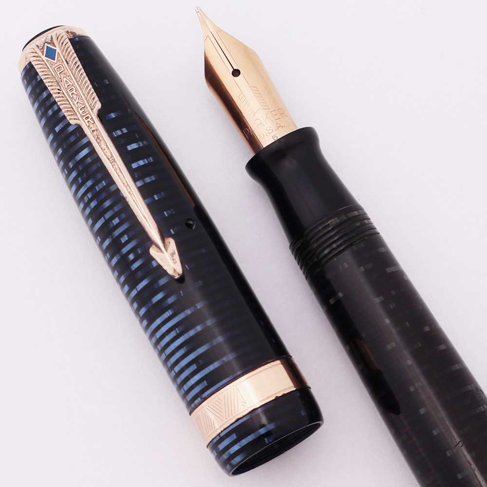 Parker Vacumatic Major Fountain Pen (1940s) - Azure Blue Pearl w GT,  Fine Gold Nib  (Excellent, Restored)