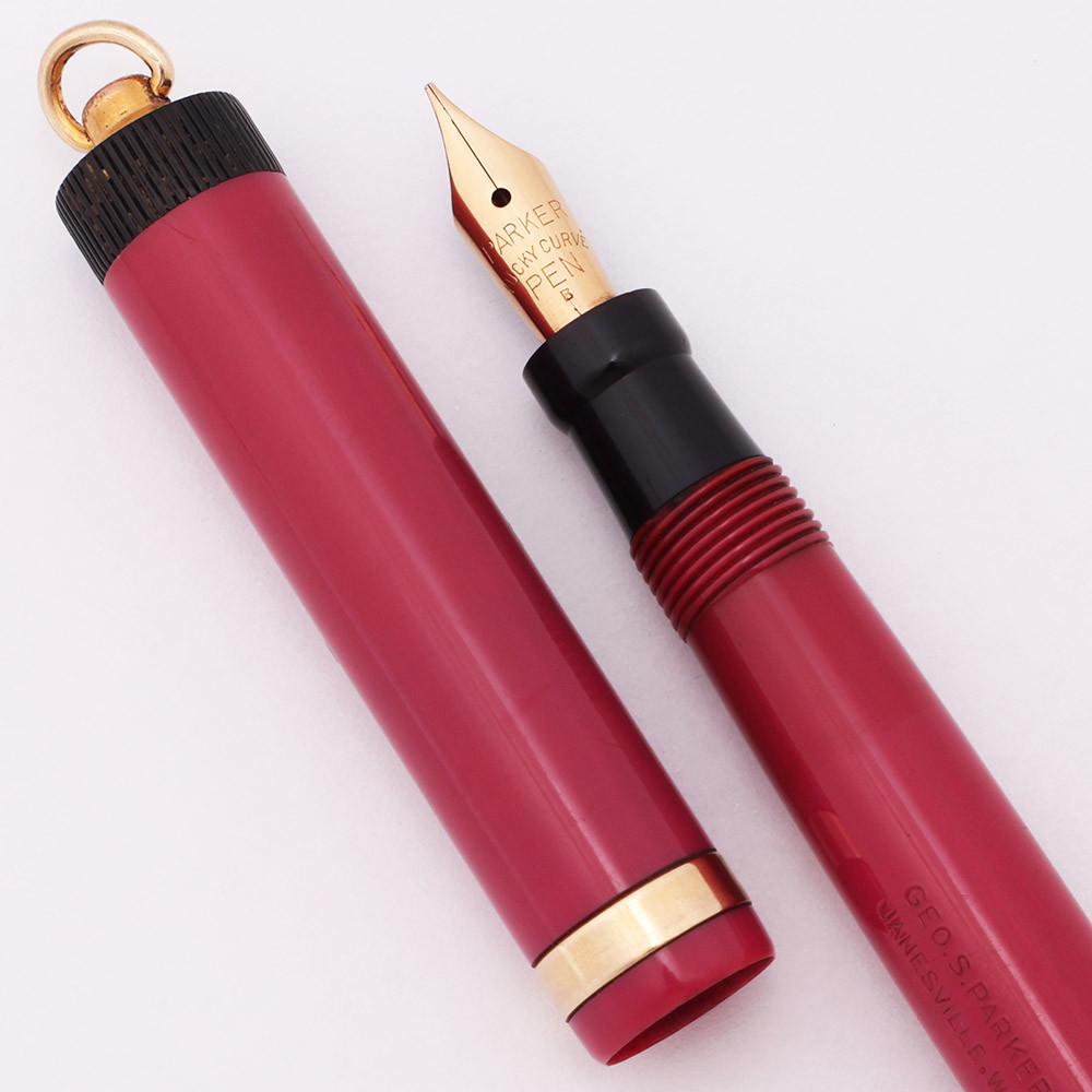 Parker Duofold Lucky Curve Pastel Ring Top Fountain Pen  (1927-29) -  Magenta w GT, Button Filler, Fine Lucky Curve Nib (Excellent, Restored)