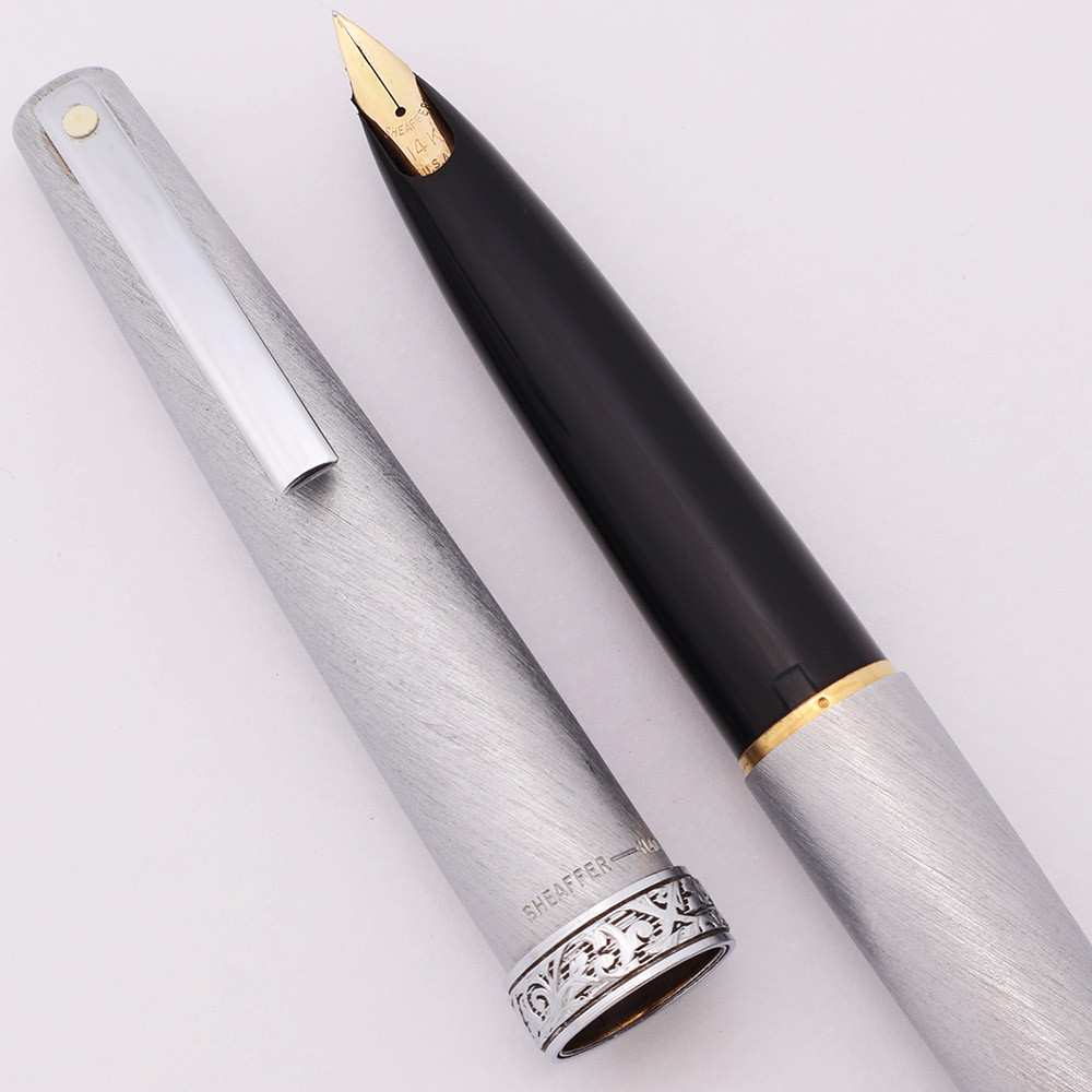Lady Sheaffer 620 Fountain Pen  (1970s) - Brushed Chrome, Ornate Florentine Band, C/C, Extra Fine 14k Stylepoint Nib (Excellent +, Works Well)