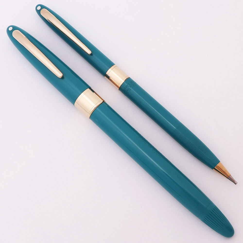 Sheaffer Statesman Snorkel Fountain Pen and Pencil Set (1950s)  - Hard to Find Peacock w/GT, Fine Triumph Nib (Excellent +, Restored)