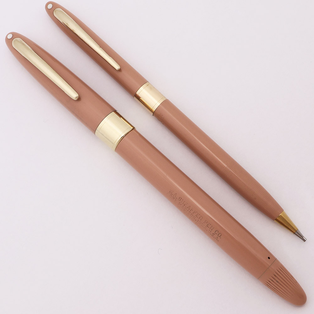 Sheaffer Statesman Snorkel Fountain Pen and Pencil Set (1950s)- Buckskin Tan w/GT, Fine PdAg Triumph Nib (Excellent, Restored)