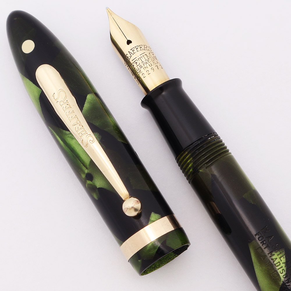 Sheaffer Balance Lifetime Oversize Fountain Pen (1930) - Long Humped Clip, Green Marble w GT, Lever Filler, Fine Lifetime Nib (Excellent, Restored)