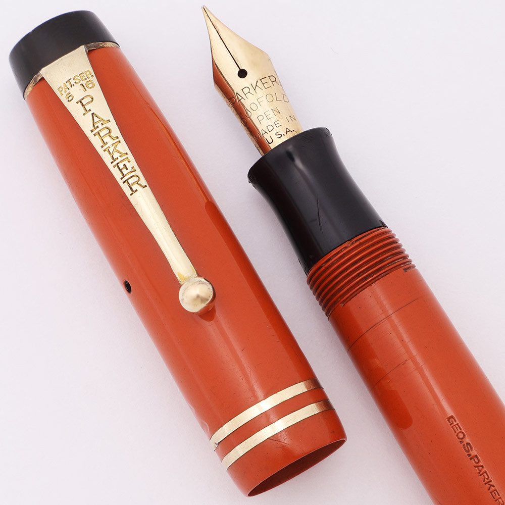 Parker Duofold Junior Fountain Pen (1930s) - Red Permanite, Streamline, Button Filler, Fine 14k Nib (Excellent, Restored)