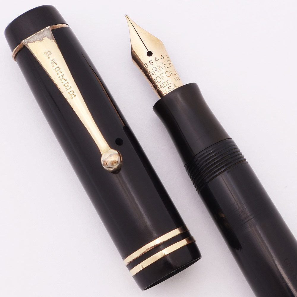 Parker Duofold Junior Fountain Pen (circa 1929) - Streamline, Black w/GT, Button Filler,  Fine Gold Nib (Excellent, Restored)