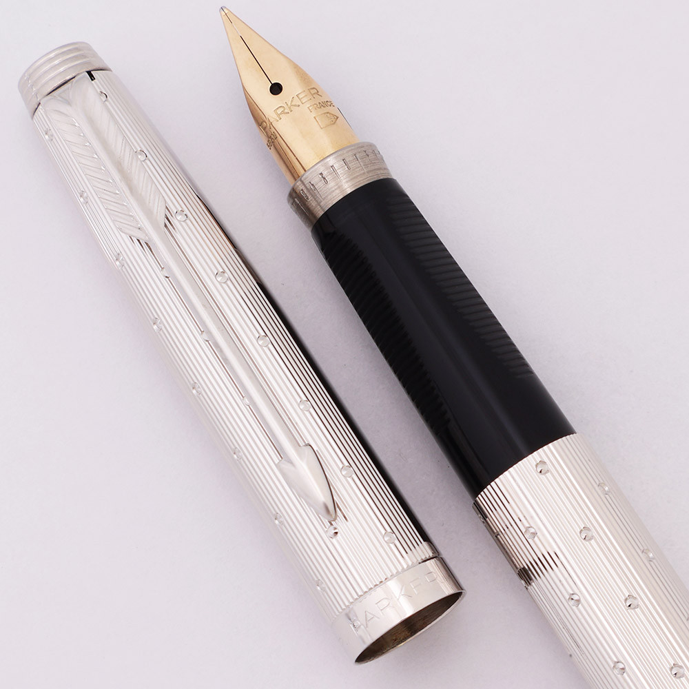 Parker 75 Place Vendome Fountain Pen (France, 1983) -  Rhodium Plated Perle,  C/C, Fine 14k Nib (Near Mint, Works Well)