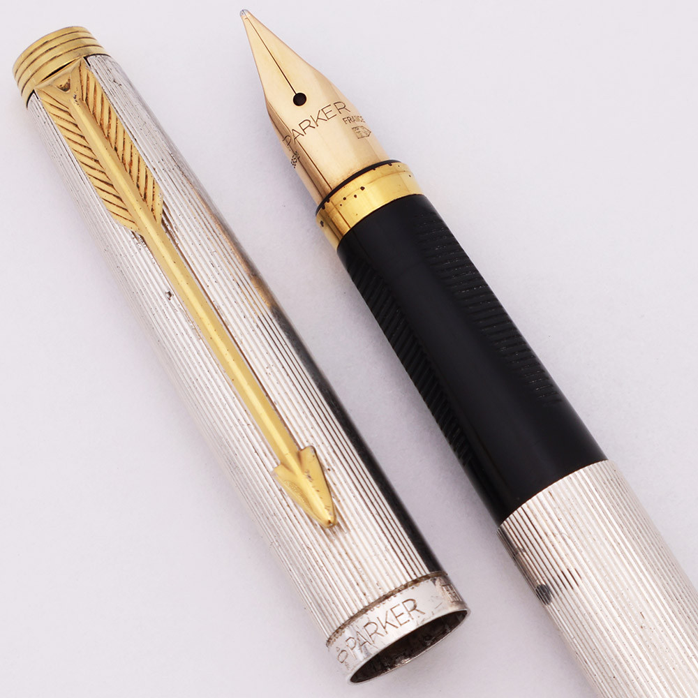 Parker 75 Fountain Pen (1986) - Lined, Silver Plated w/GT, C/C, 14k Medium Nib (Very Nice, Works Well)