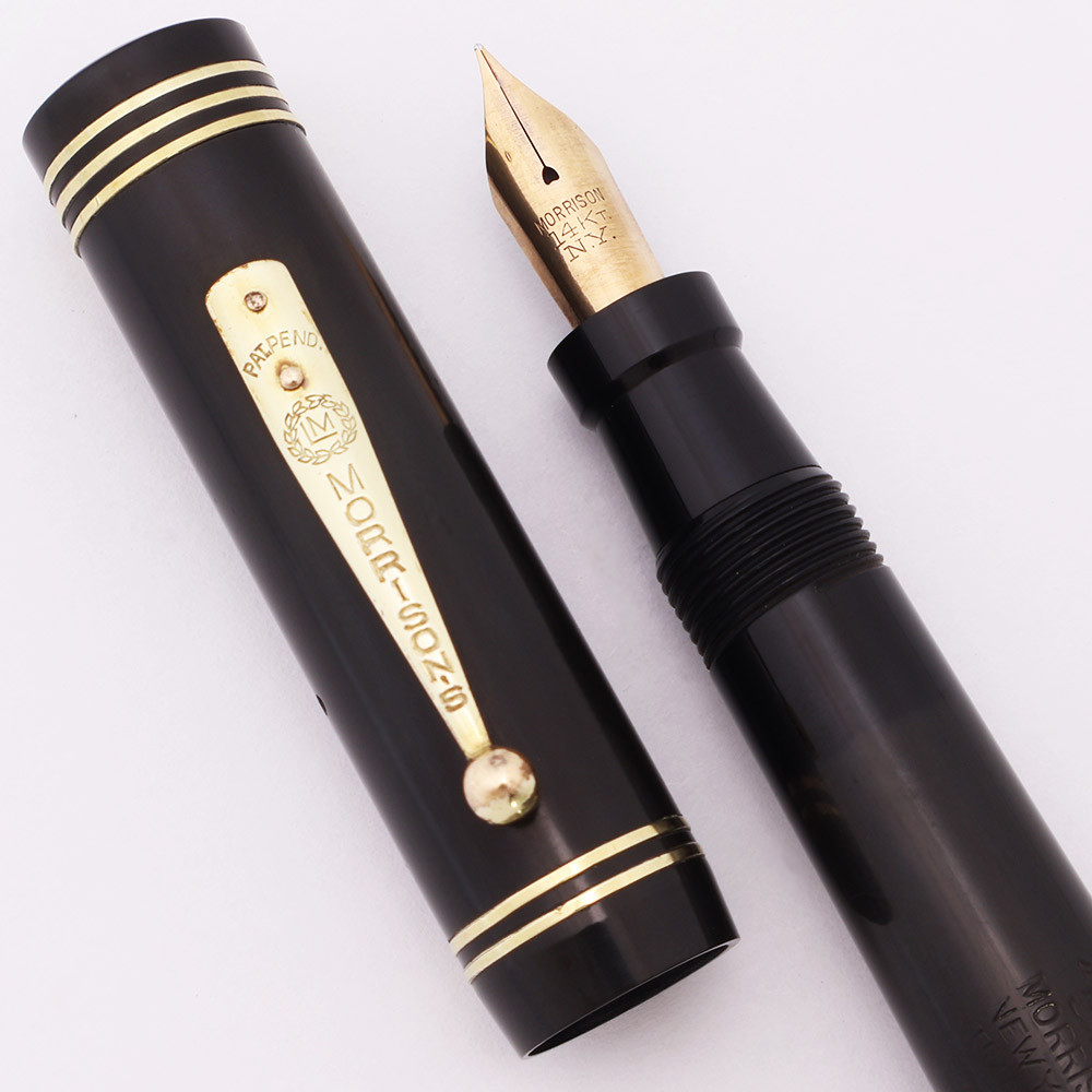 Morrison "The Tourist" Oversize Fountain Pen (1930s) - Black w Gold Trim, Lever Filler, Fine 14k Nib (Excellent +, Restored)