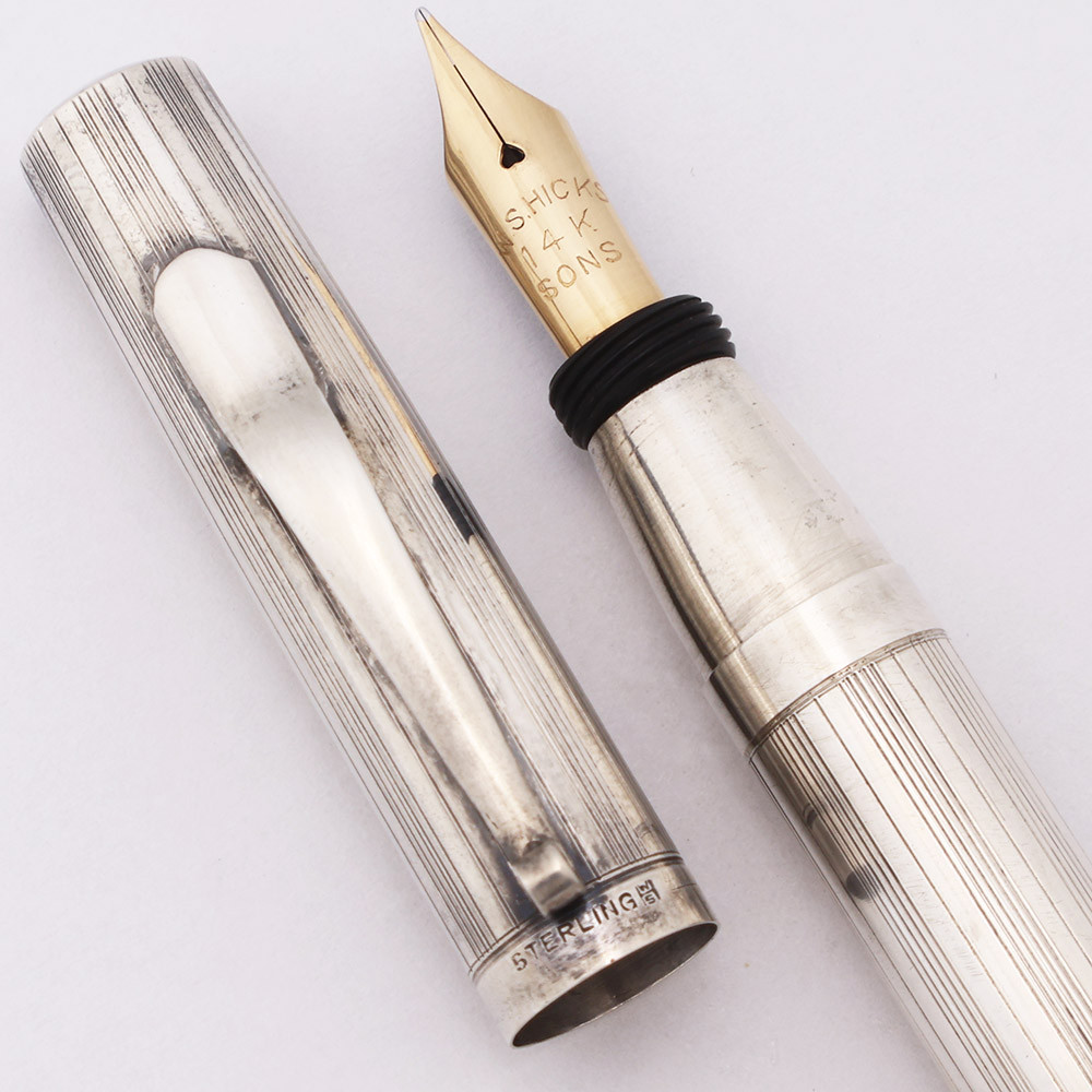 W. S. Hicks Fountain Pen (1930s) - Sterling Silver Line Pattern, Bulb Filler, Fine Flexible 14k Nib (Excellent +,  Restored)