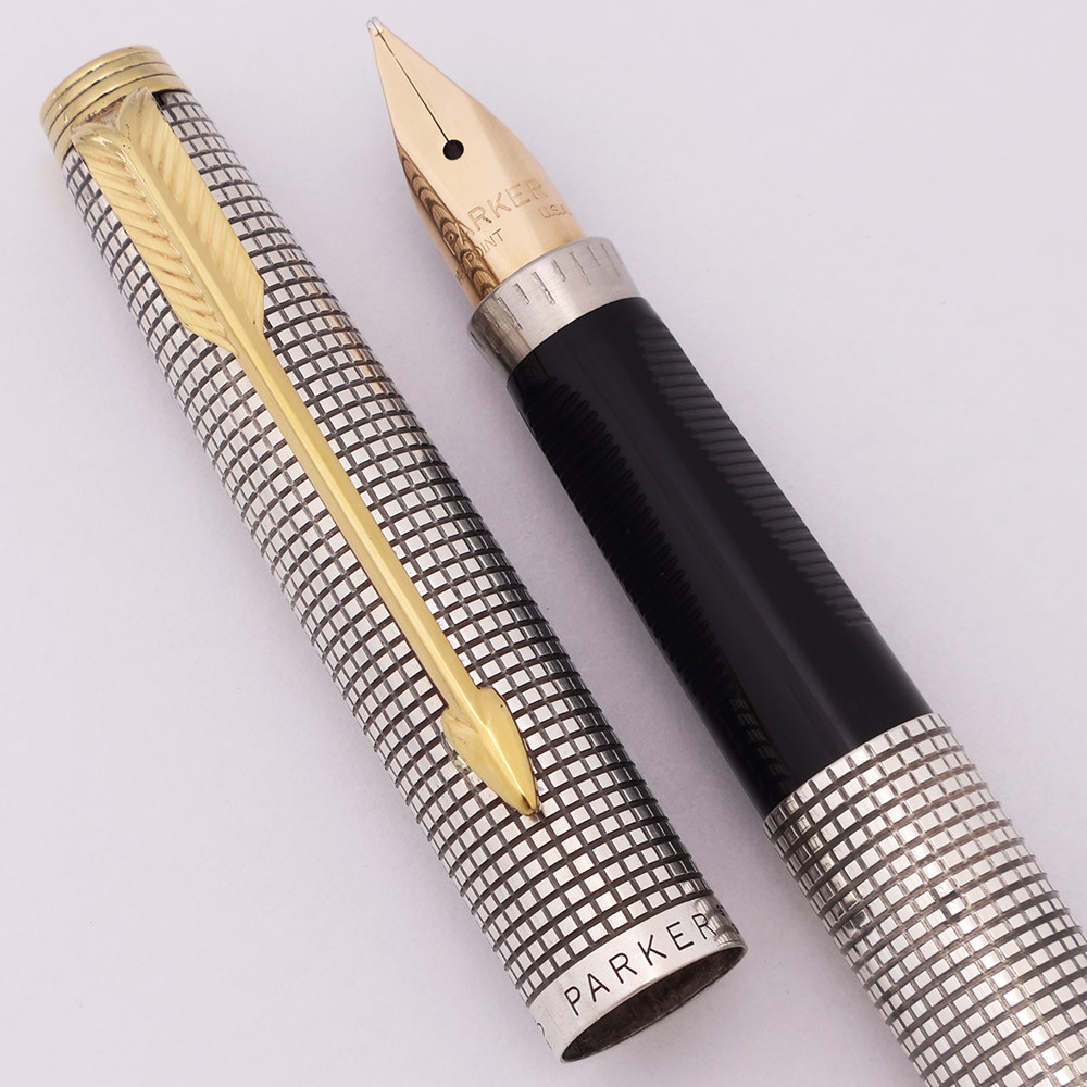 Parker 75 Cisele Fountain Pen (USA, 1970s) - Sterling Grid w GT, Dish Tassies,  C/C, Medium 14k Nib (Excellent,  Works Well)