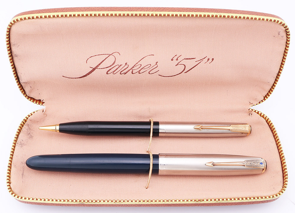 Parker 51 Vacumatic Set (1946) - Cedar Blue, Lustraloy Caps, Fine Gold Nib (Excellent in Box, Restored)