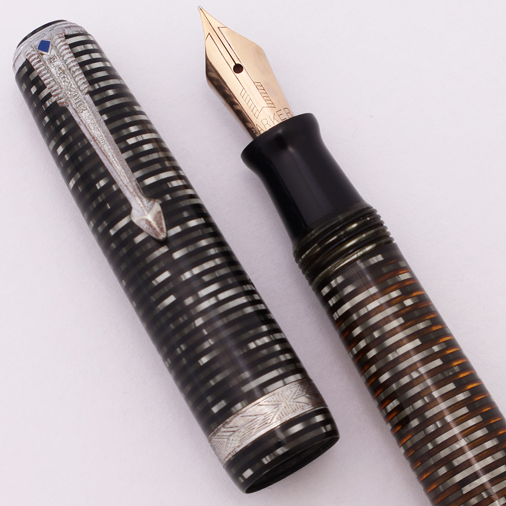 Parker Vacumatic Debutante Fountain Pen (1941) - Silver Pearl, Double Jewel, Speedline, Blue Diamond Clip, Extra Fine Parker Nib (Excellent, Restored)