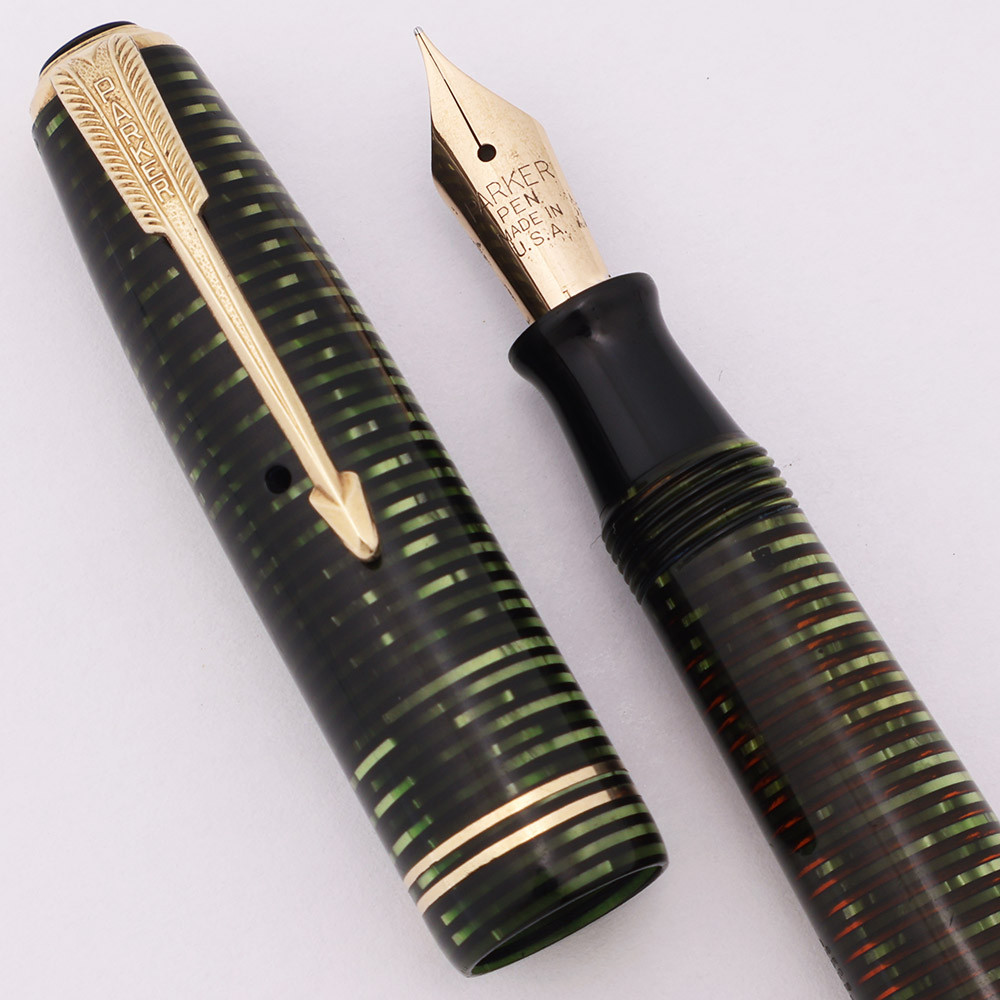 Parker Vacumatic Junior Fountain Pen (1947) - Emerald Pearl, Fine Nib (Excellent +, Restored)