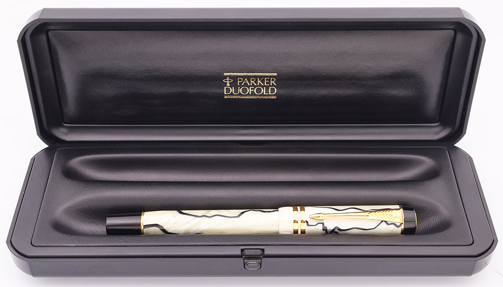 Parker Duofold International Fountain Pen (Mark II, 1997) -- Black & Pearl, 18k Medium Nib (Excellent In Box, Works Well)