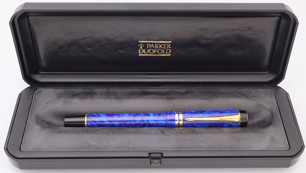 Parker Duofold International Fountain Pen (1996) - Mark II, Blue Lapis, Gold Trim, 18k Medium (Excellent + in Box, Works Well)
