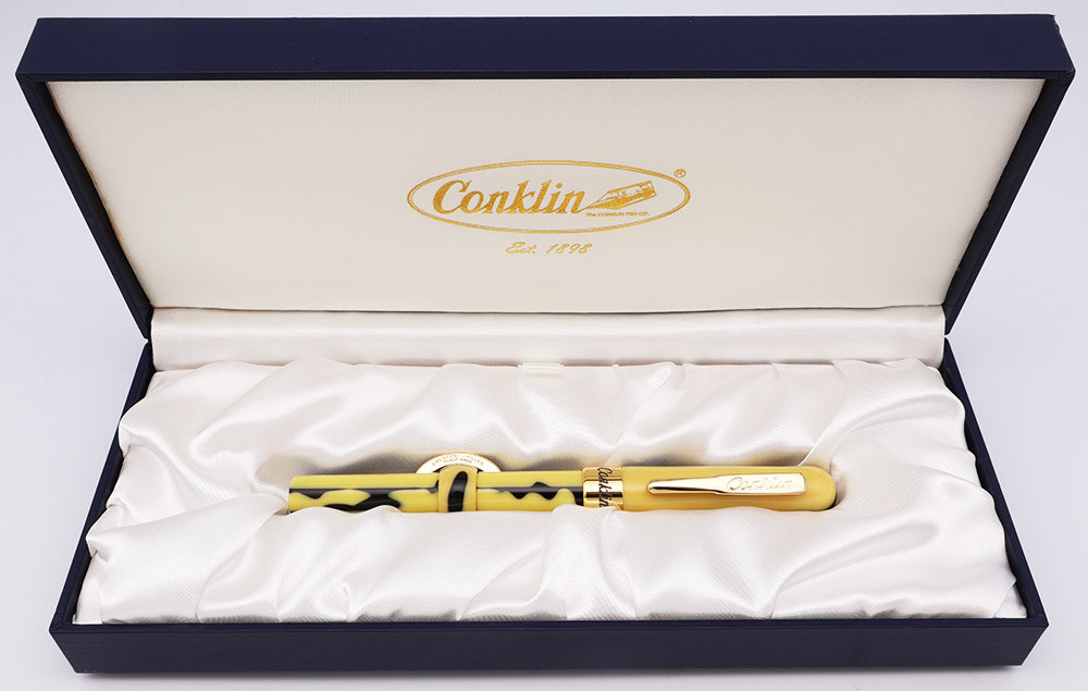 Conklin Mark Twain Fountain Pen - Yellow & Black w GT, Crescent Filler, Fine Two-Toned Nib (Near Mint in Box, Works Well)