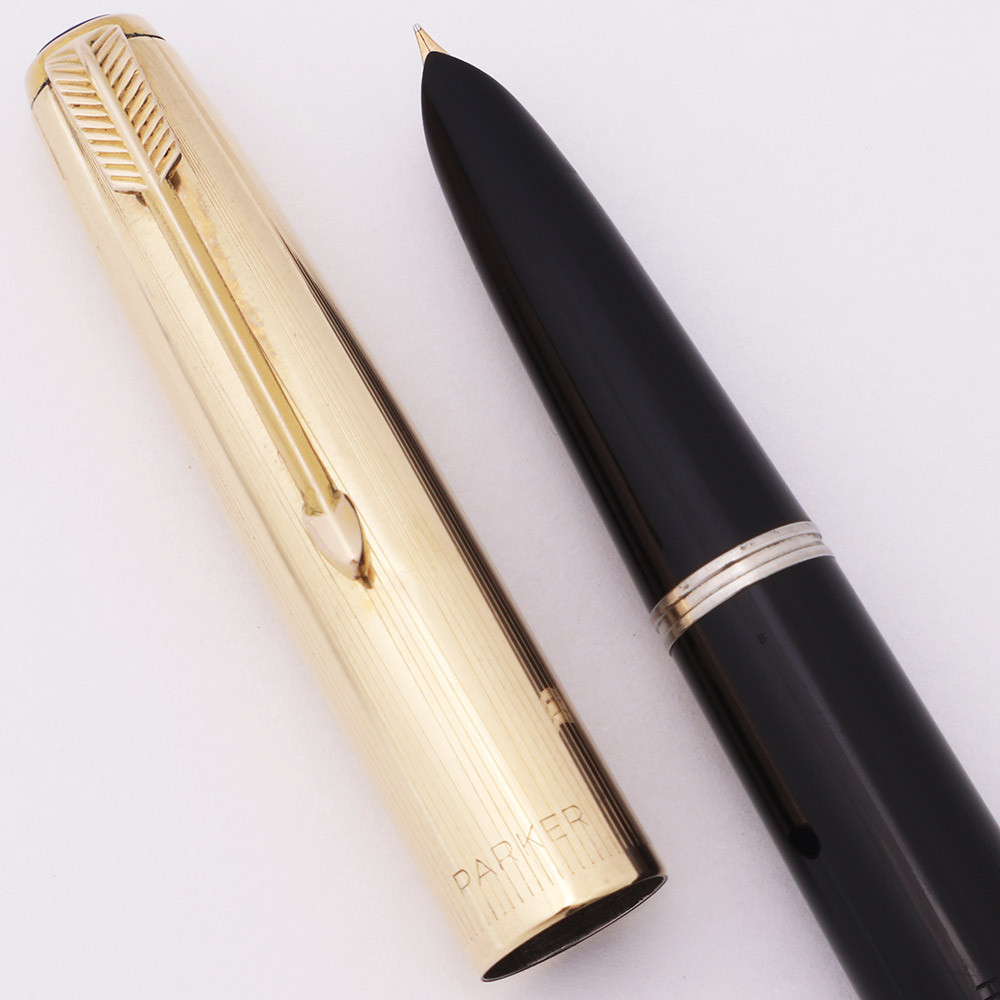 Parker 51 Vacumatic Fountain Pen (1948) -  Black, GF Converging Lines Cap, Medium-Fine Nib (Excellent +, Restored)