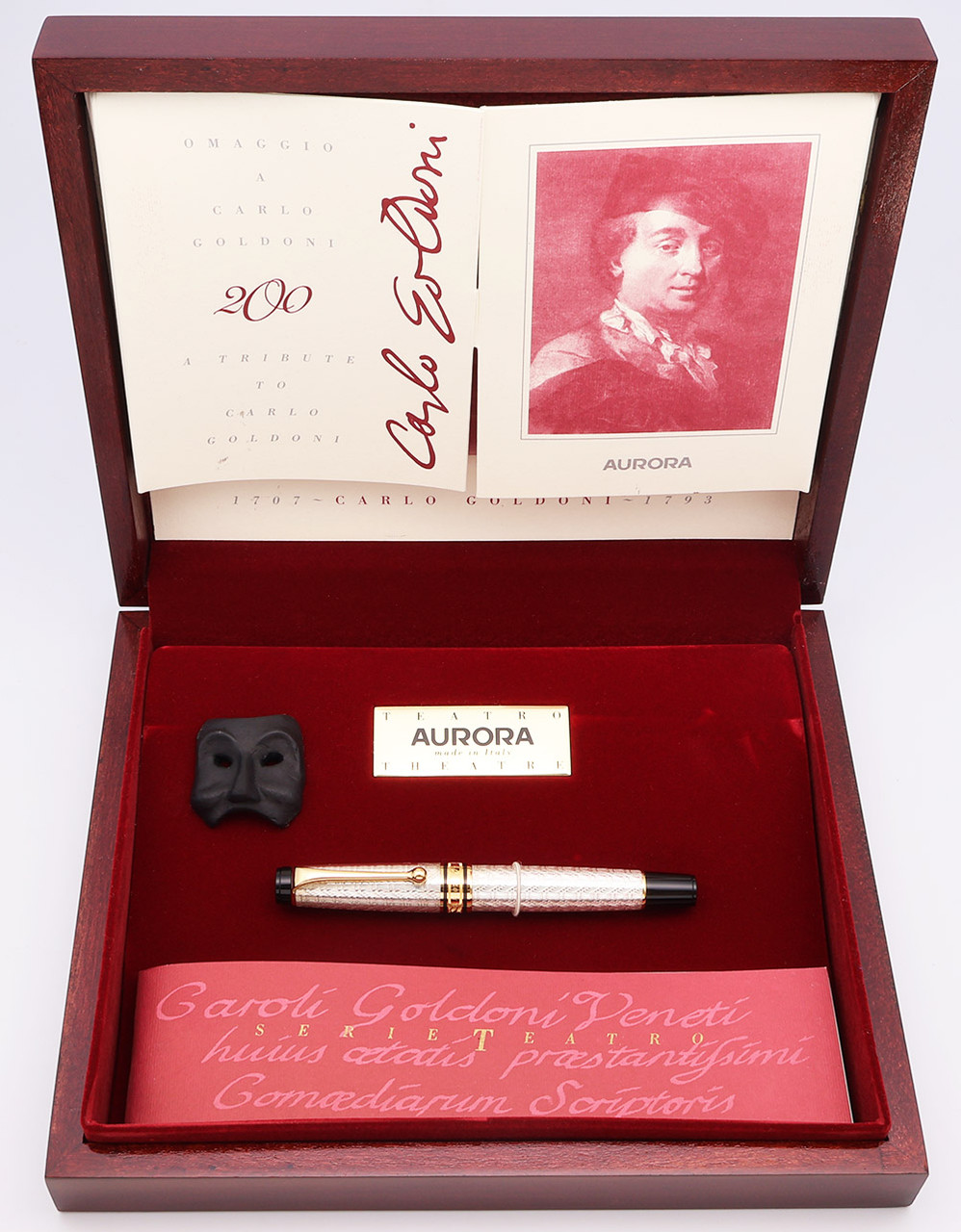 Aurora Optima Carlo Goldoni LE (#920/1793) Fountain Pen (1993) - Sterling Silver, Piston Filler, Medium 18k Nib (Near Mint in Box, Dipped Only)